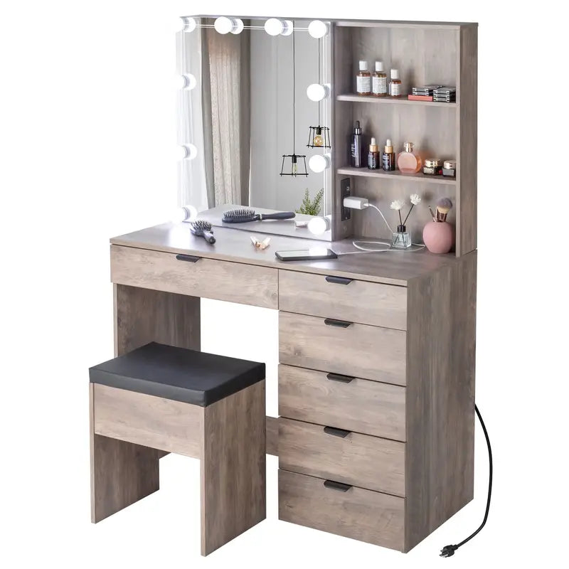 White Vanity Desk with Mirror,Lights and Charging Station,Make up Vanity Mirror with 3 Lights Mode and Brightness Adjusted,Large Storage Space-5 Drawers and Cabinets with Door Dressing Table for Bedroom