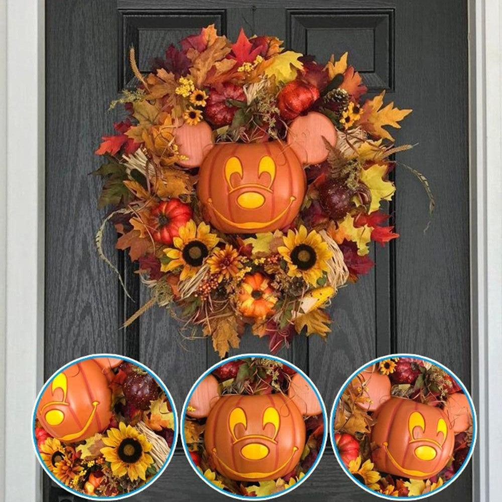 Pumpkin Mickey Wreath Decor Halloween Thanksgiving Front Door Decoration Outside Holiday Party Hanging Ornaments Plastic