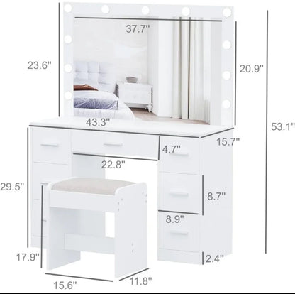 Vanity Desk with Stool & 3 Color Lighting Modes