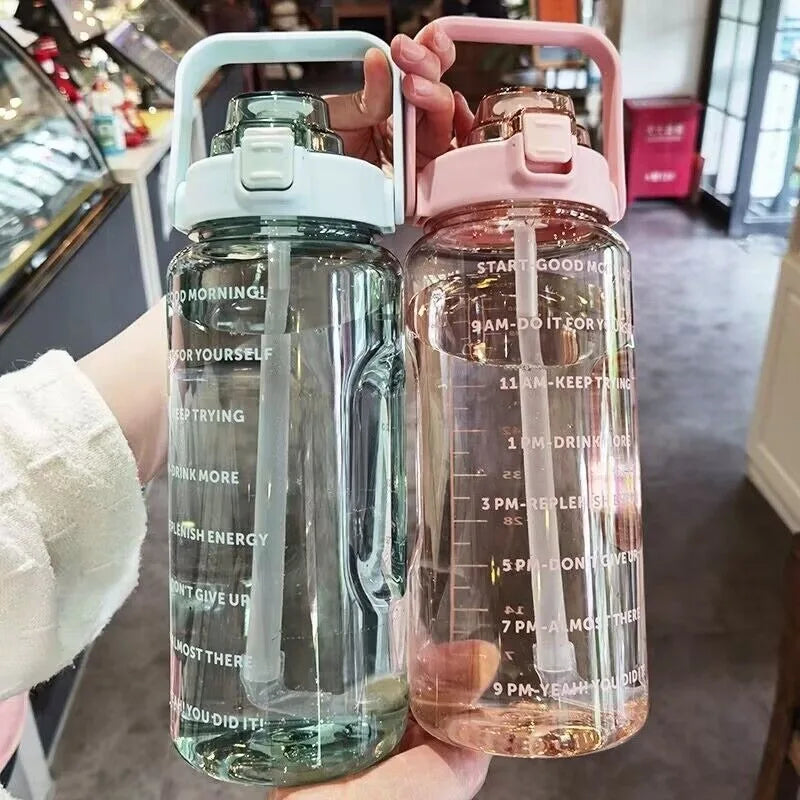 2000Ml Sports Drinking Bottles with Time Marker Men Women Water Bottle with Straw Large Capacity Outdoor Cup Fitness Drinkware