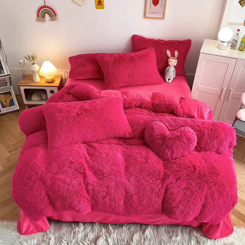 3Pcs Fluffy Black Plush Shaggy Duvet Cover +2Pcs Pillowcases Zipper Bedding Set Soft Velvet