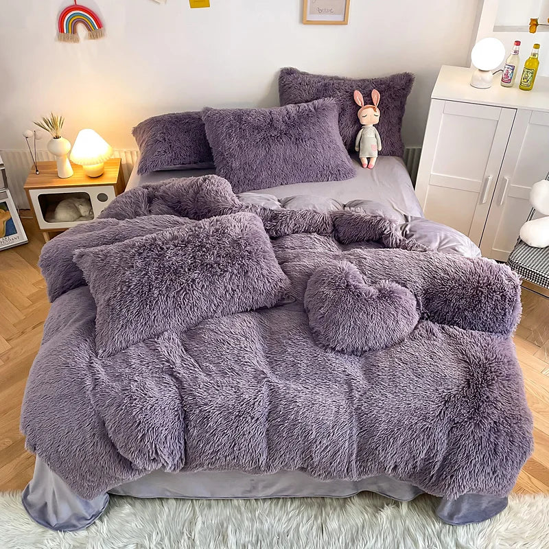 3Pcs Fluffy Black Plush Shaggy Duvet Cover +2Pcs Pillowcases Zipper Bedding Set Soft Velvet