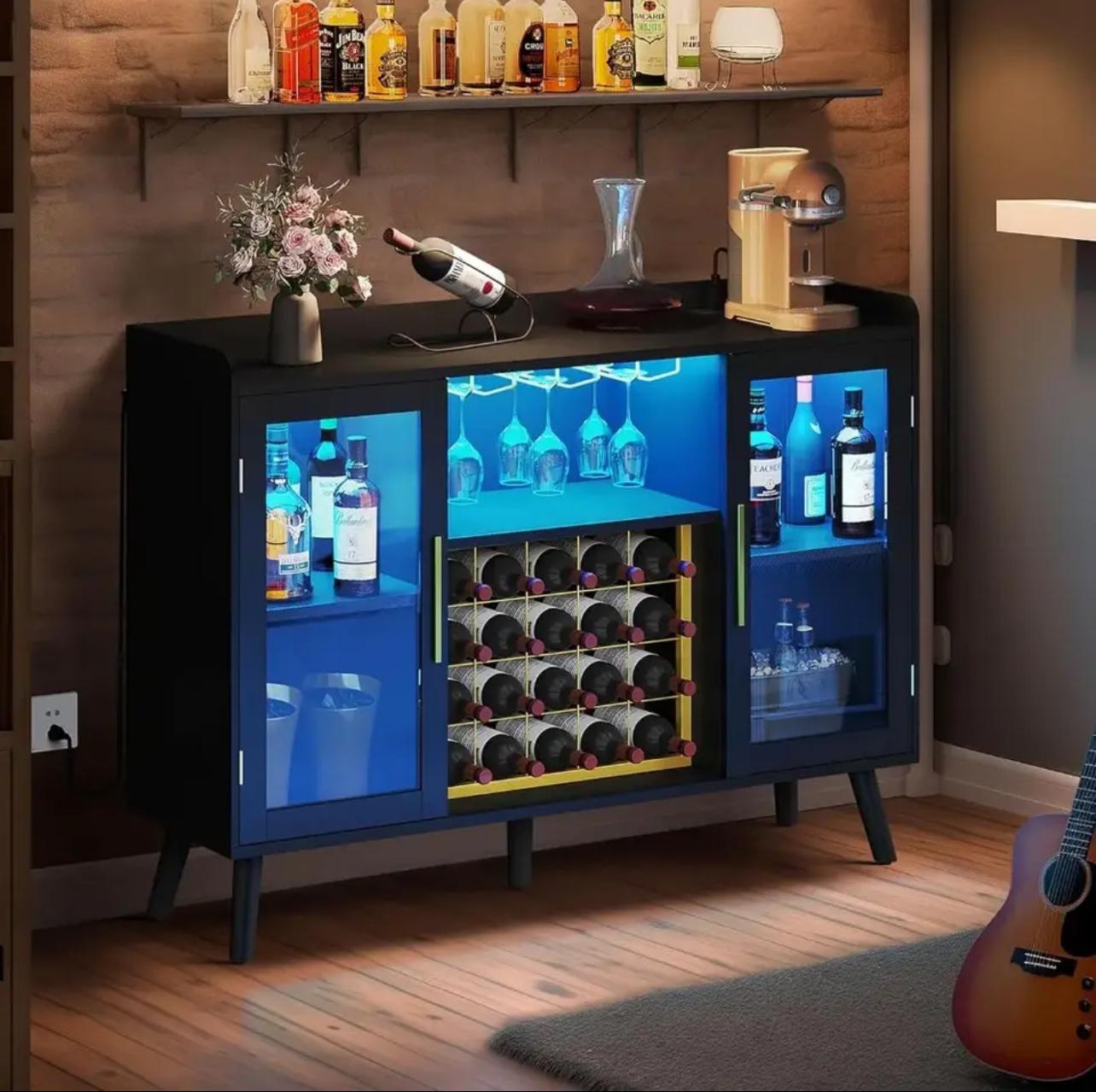 Wine Bar Cabinet with LED Light & Power Outlets