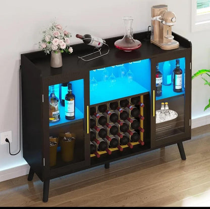 Wine Bar Cabinet with LED Light & Power Outlets