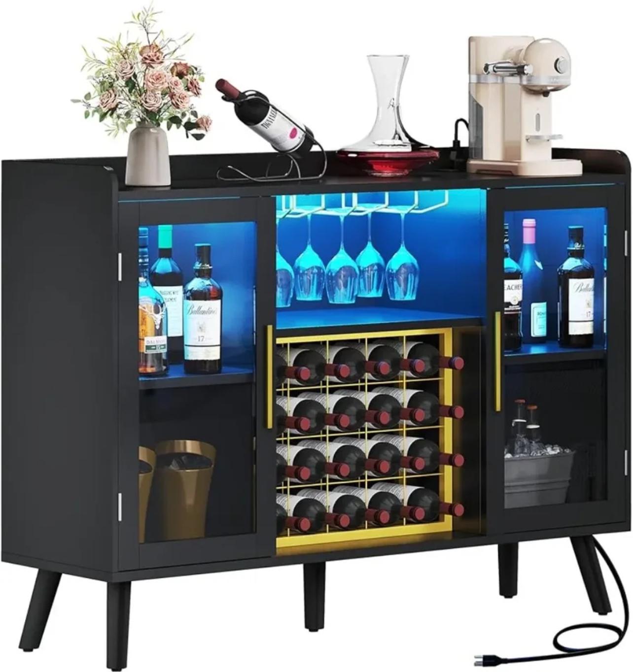 Wine Bar Cabinet with LED Light & Power Outlets