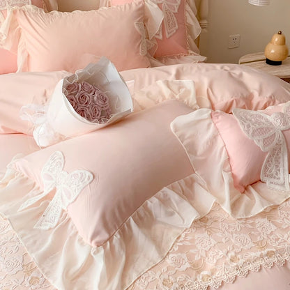 Korean Princess Bedding Set Coquette Lace Bow Beauty Solid Color Lace Ruffle Comforter Sets Luxury Girls Wedding Duvet Cover