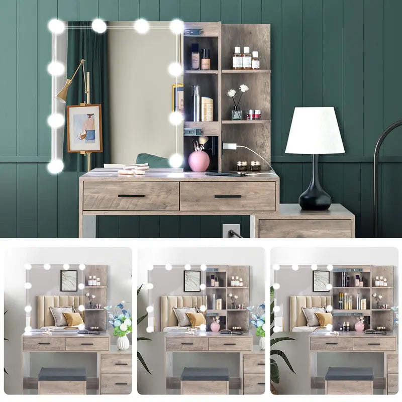 White Vanity Desk with Mirror,Lights and Charging Station,Make up Vanity Mirror with 3 Lights Mode and Brightness Adjusted,Large Storage Space-5 Drawers and Cabinets with Door Dressing Table for Bedroom