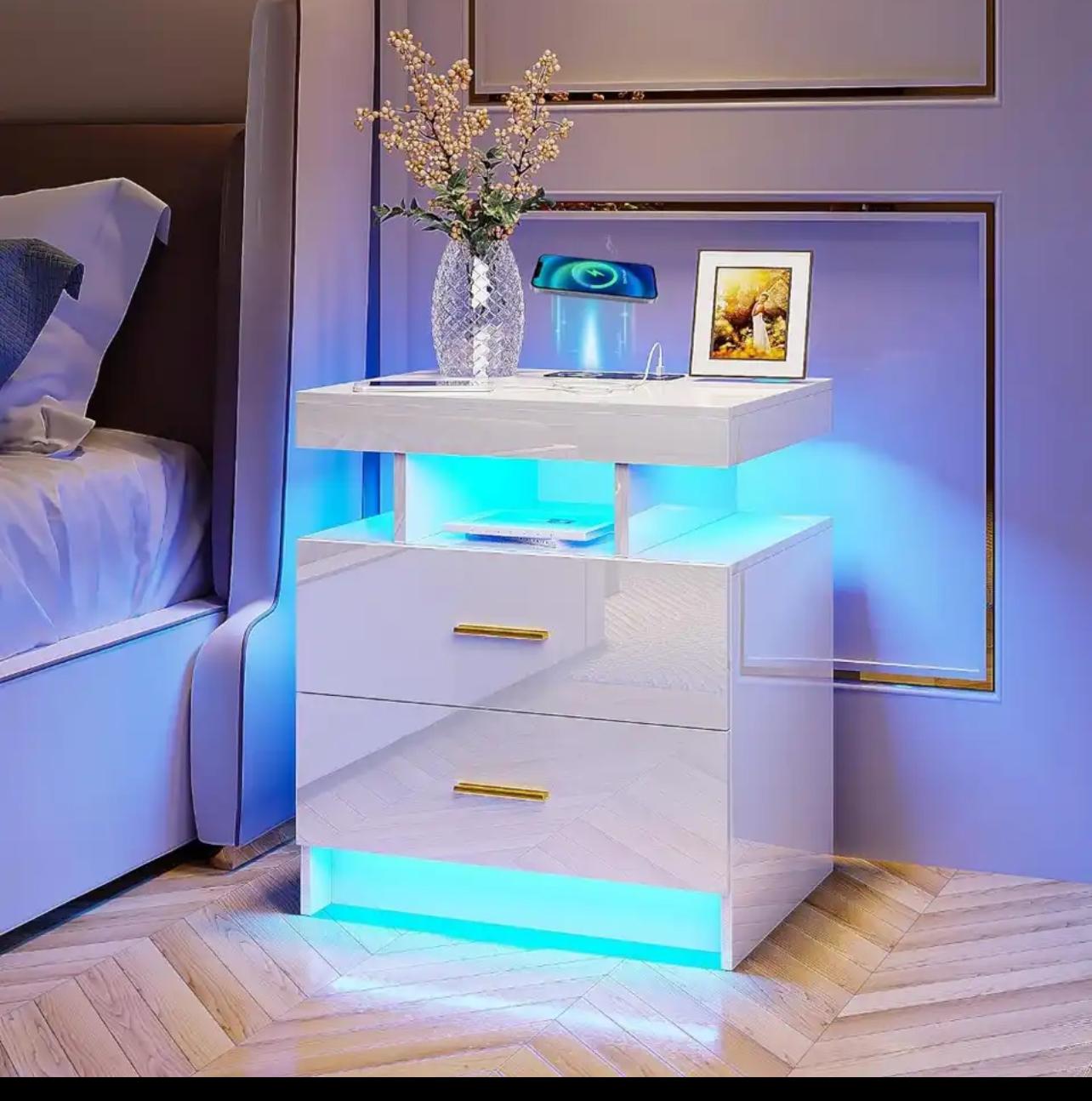 LED Nightstand With Wireless Charging Station & USB Ports