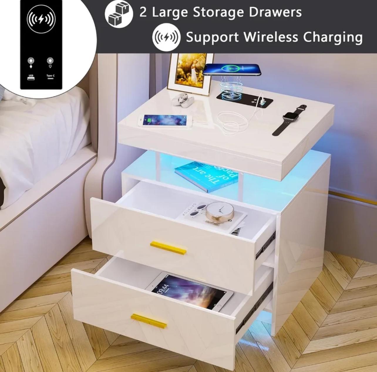 LED Nightstand With Wireless Charging Station & USB Ports