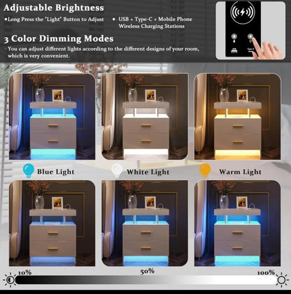 LED Nightstand With Wireless Charging Station & USB Ports