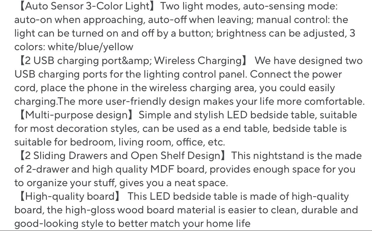 LED Nightstand With Wireless Charging Station & USB Ports