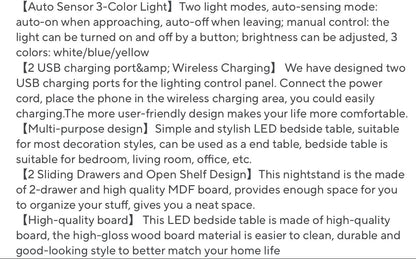 LED Nightstand With Wireless Charging Station & USB Ports