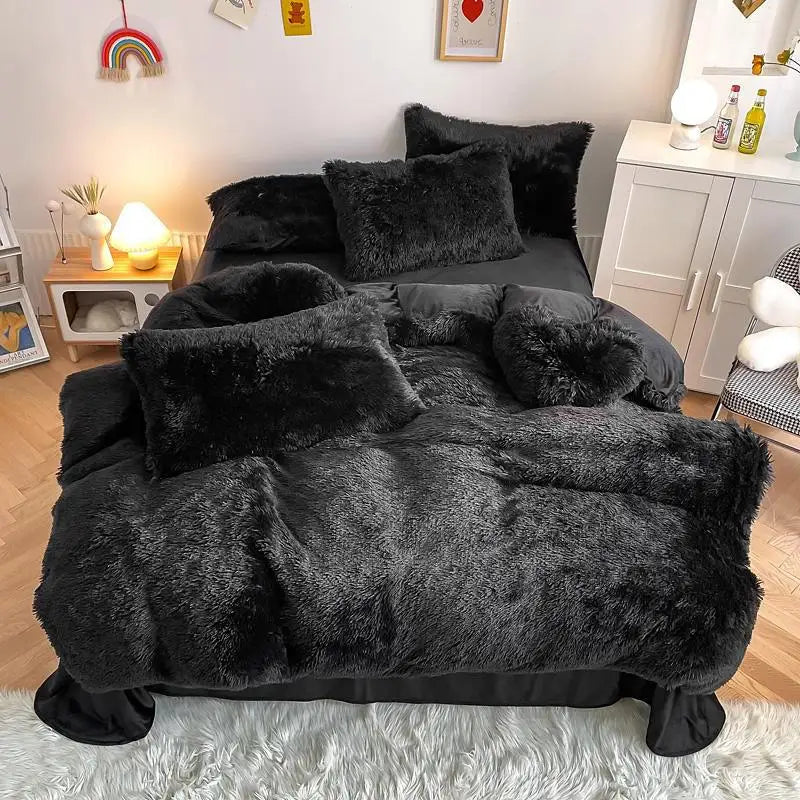 3Pcs Fluffy Black Plush Shaggy Duvet Cover +2Pcs Pillowcases Zipper Bedding Set Soft Velvet