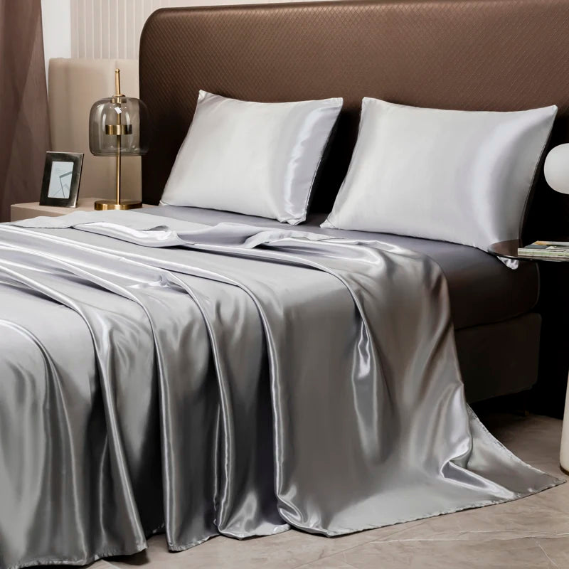 Solid Color Satin Sheet and Pillowcase Set，Luxurious Bedding Ensemble with a Silky Sheen，Twin/Full/Queen/King Size