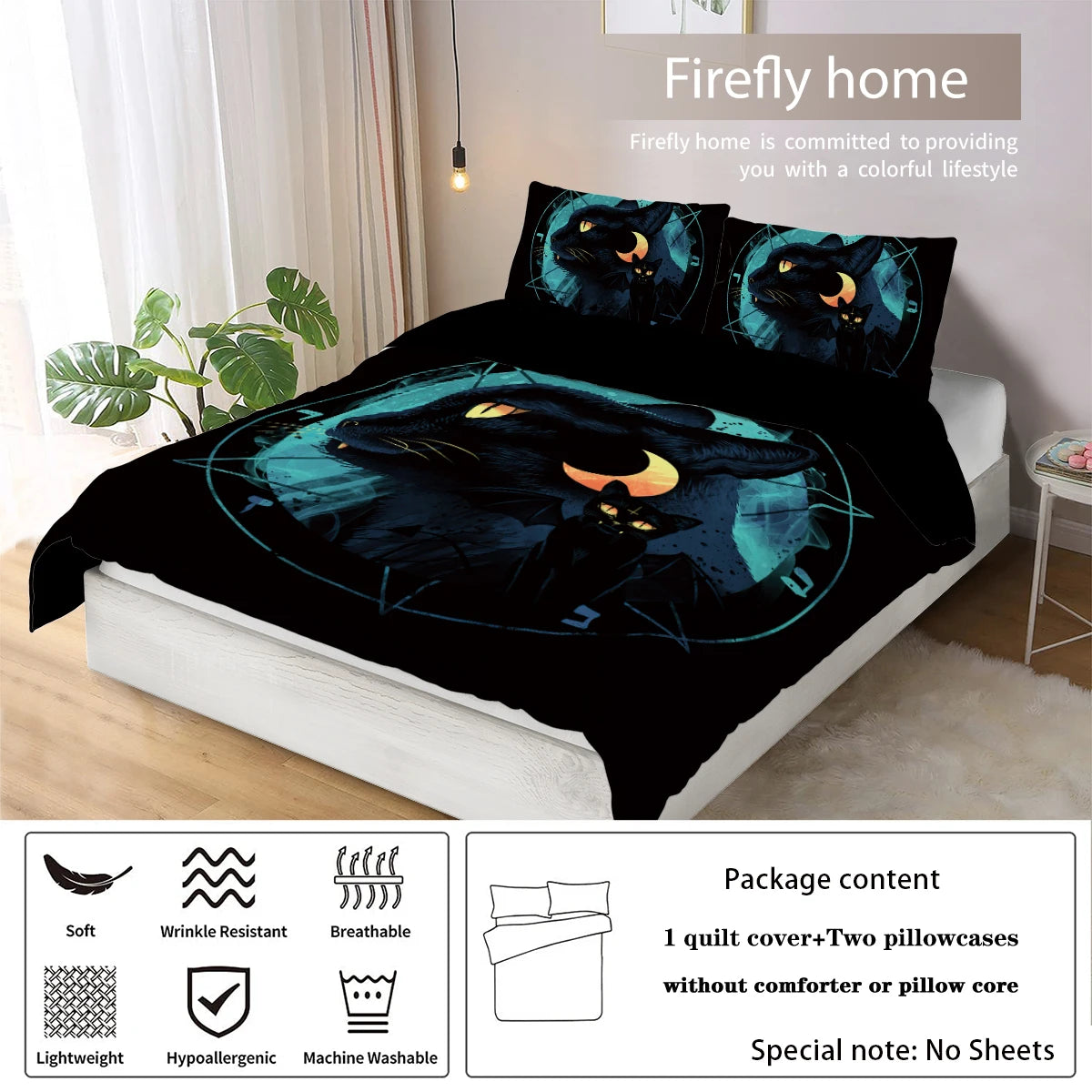 3 Piece down Set with Black Cat Moon Print Pattern (1 down Duvet Cover+2 Pillowcases, No Core), Comfortable Bedroom Bedding