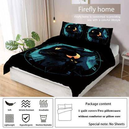 3 Piece down Set with Black Cat Moon Print Pattern (1 down Duvet Cover+2 Pillowcases, No Core), Comfortable Bedroom Bedding