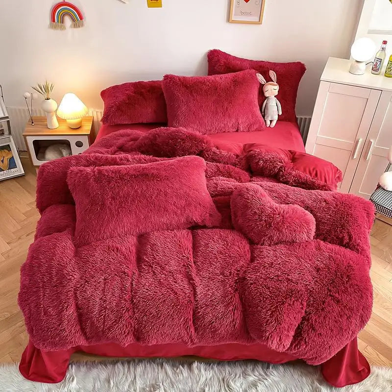 3Pcs Fluffy Black Plush Shaggy Duvet Cover +2Pcs Pillowcases Zipper Bedding Set Soft Velvet