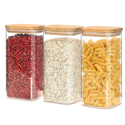 Glass Food Storage Jars with Bamboo Lids & Stackable Glass Pantry Food Canisters