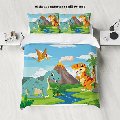 3-Piece down Set with Cartoon Dinosaur Print Pattern (1 down Duvet Cover+2 Pillowcases, No Core) Bedding