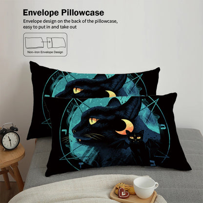 3 Piece down Set with Black Cat Moon Print Pattern (1 down Duvet Cover+2 Pillowcases, No Core), Comfortable Bedroom Bedding