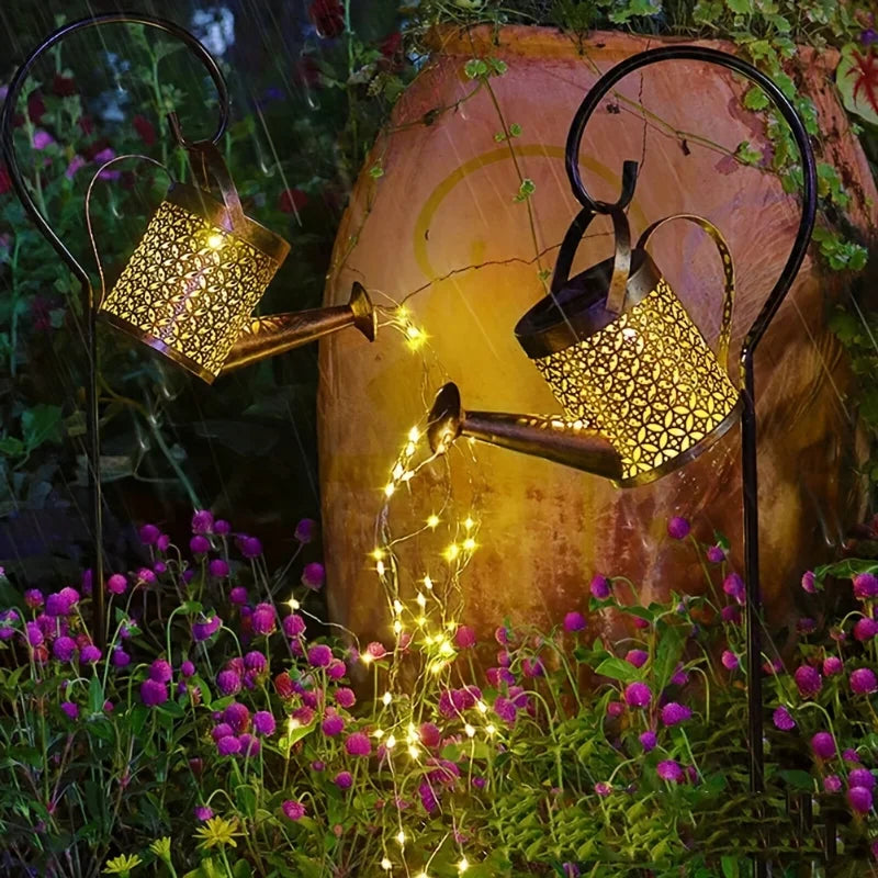 Metal Lantern Solar Watering Can Light Outdoor Solar Waterfall Lights Waterproof Hanging Light Garden Decor Fairy Art Decorative