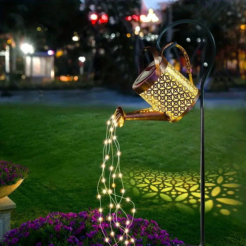 Metal Lantern Solar Watering Can Light Outdoor Solar Waterfall Lights Waterproof Hanging Light Garden Decor Fairy Art Decorative