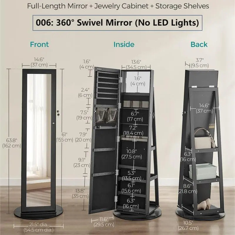 【Deals for You】Songmics Lockable Mirror Jewelry Cabinet,Standing Jewelry Armoire, Jewelry Organizer, Frameless Full-Length Mirror, 3 Storage Shelves