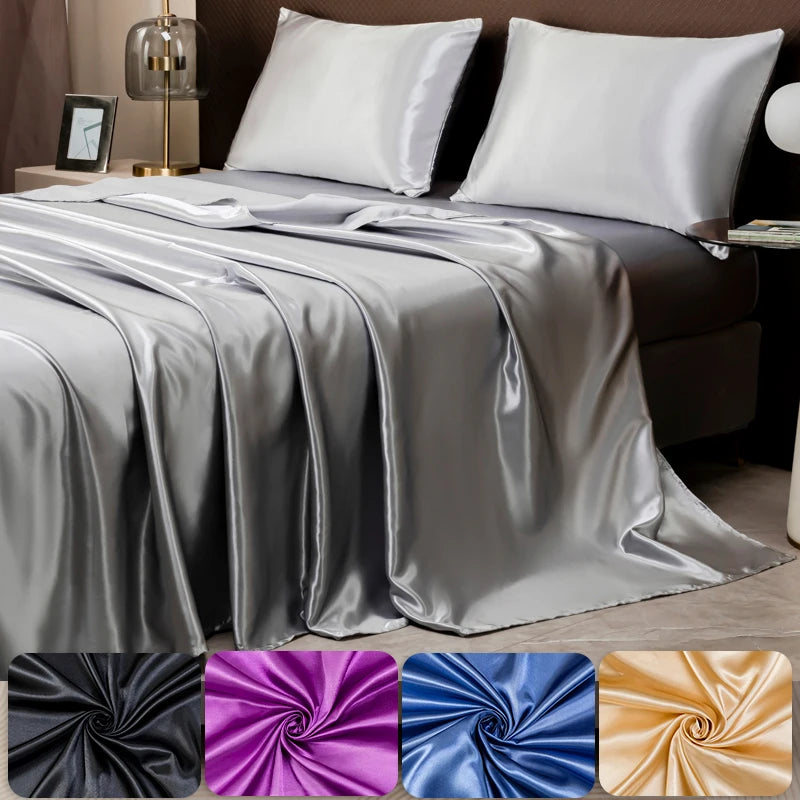 Solid Color Satin Sheet and Pillowcase Set，Luxurious Bedding Ensemble with a Silky Sheen，Twin/Full/Queen/King Size