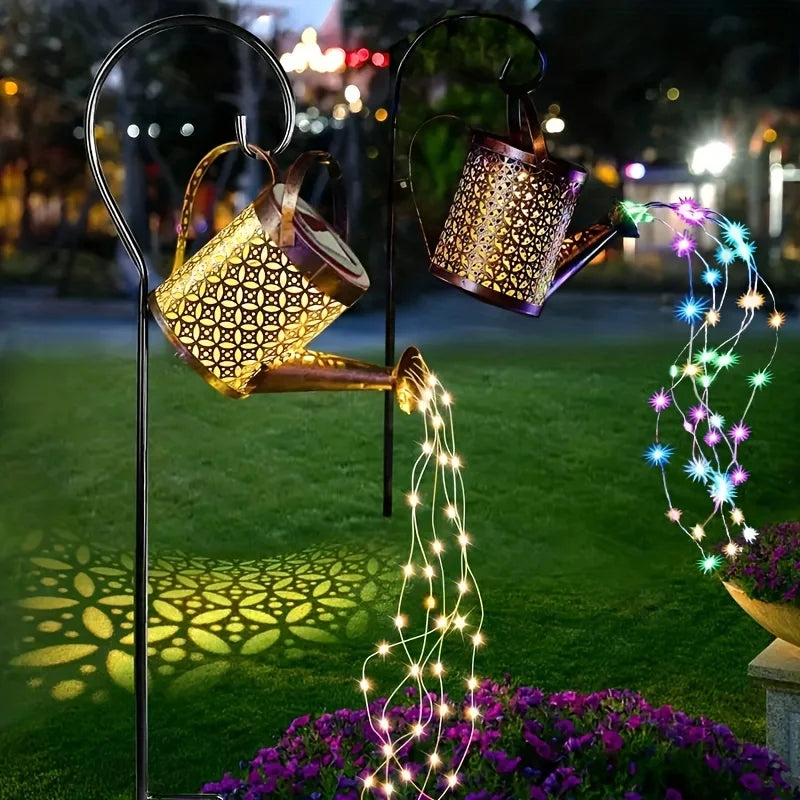 Metal Lantern Solar Watering Can Light Outdoor Solar Waterfall Lights Waterproof Hanging Light Garden Decor Fairy Art Decorative