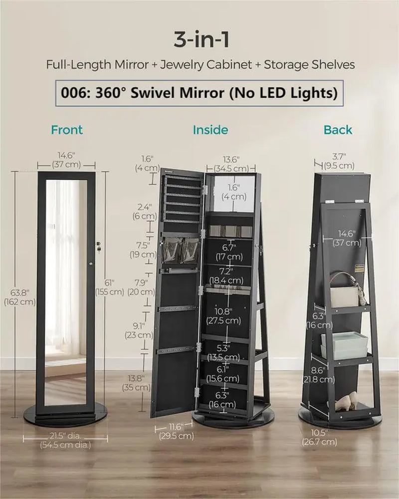 【Deals for You】Songmics Lockable Mirror Jewelry Cabinet,Standing Jewelry Armoire, Jewelry Organizer, Frameless Full-Length Mirror, 3 Storage Shelves