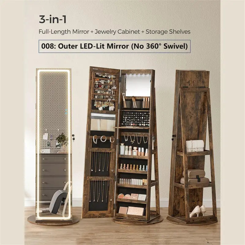 【Deals for You】Songmics Lockable Mirror Jewelry Cabinet,Standing Jewelry Armoire, Jewelry Organizer, Frameless Full-Length Mirror, 3 Storage Shelves