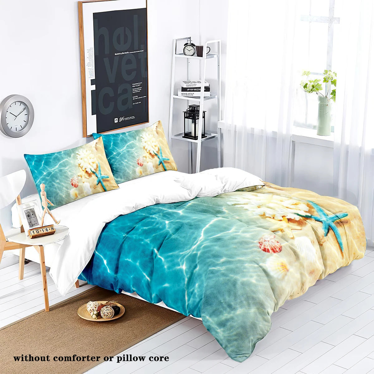 3-Piece down Set with Beach Starfish Pattern (1 down Duvet Cover+2 Pillowcases, without Core) Bedroom Bedding