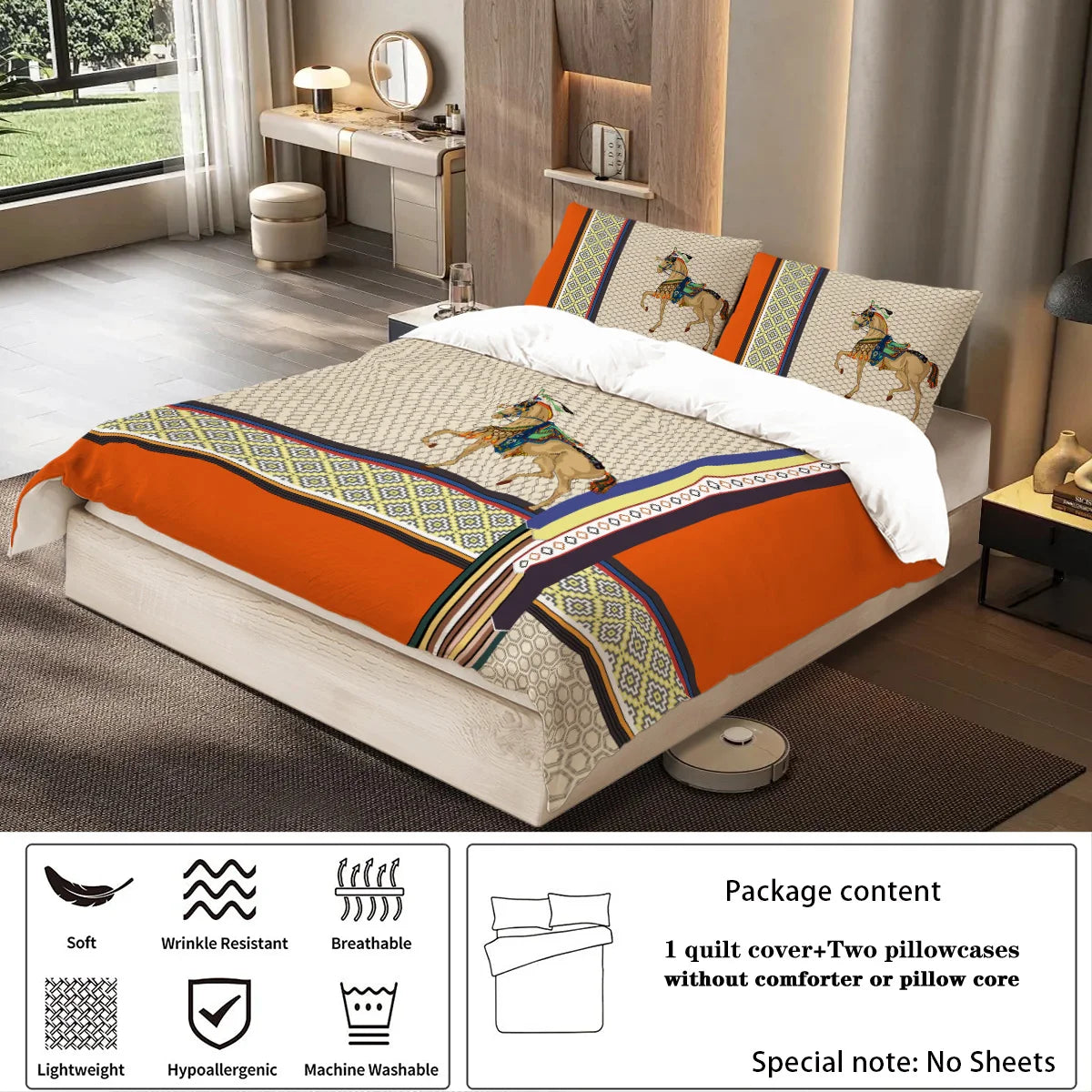 3Pcs Luxury Orange Stitching Digital Printing, Skin-Friendly, Breathable, 1 Quilt Cover + 2 Pillowcases Unfilled Bedding Set