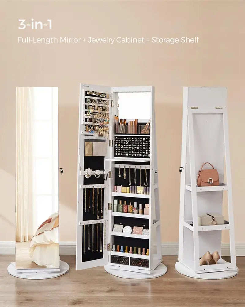 【Deals for You】Songmics Lockable Mirror Jewelry Cabinet,Standing Jewelry Armoire, Jewelry Organizer, Frameless Full-Length Mirror, 3 Storage Shelves