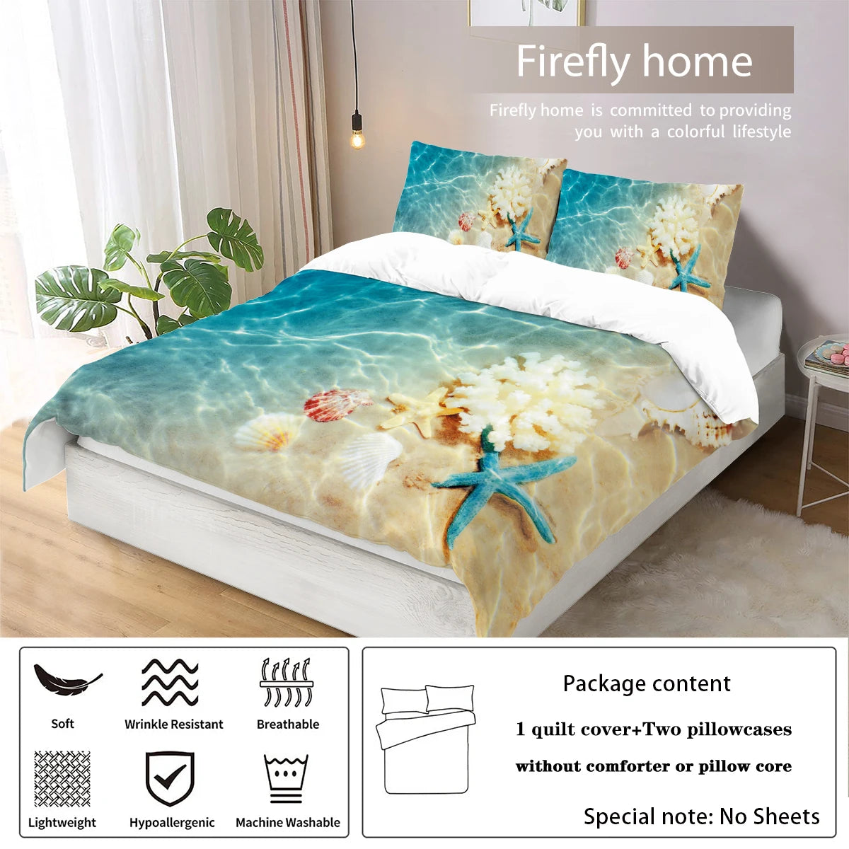 3-Piece down Set with Beach Starfish Pattern (1 down Duvet Cover+2 Pillowcases, without Core) Bedroom Bedding