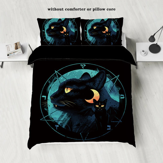 3 Piece down Set with Black Cat Moon Print Pattern (1 down Duvet Cover+2 Pillowcases, No Core), Comfortable Bedroom Bedding