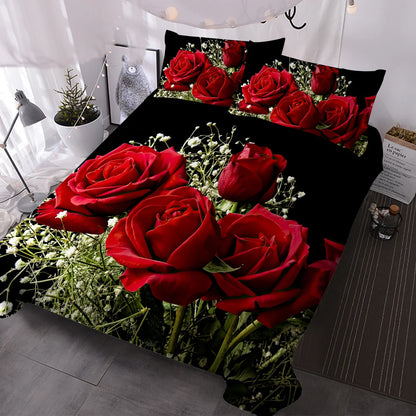 3Pc Babysbreath and Roses in Black Ground Bedding Set Comforter Cover Set Green and Red Floral Bedding with 2 Pillow Shams