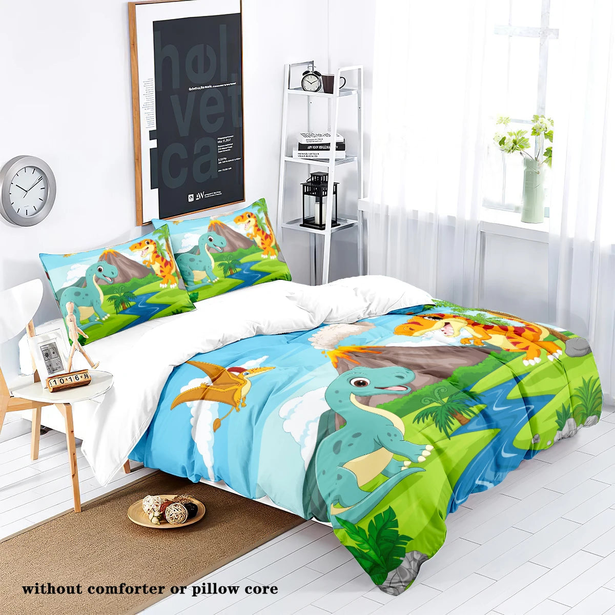 3-Piece down Set with Cartoon Dinosaur Print Pattern (1 down Duvet Cover+2 Pillowcases, No Core) Bedding