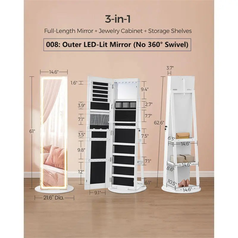 【Deals for You】Songmics Lockable Mirror Jewelry Cabinet,Standing Jewelry Armoire, Jewelry Organizer, Frameless Full-Length Mirror, 3 Storage Shelves