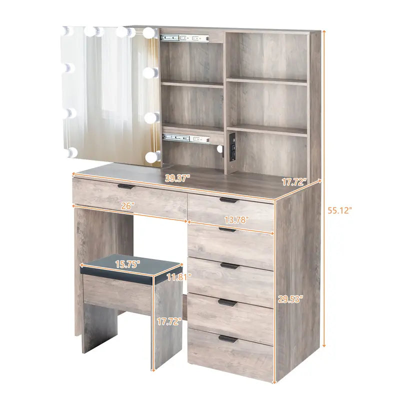 White Vanity Desk with Mirror,Lights and Charging Station,Make up Vanity Mirror with 3 Lights Mode and Brightness Adjusted,Large Storage Space-5 Drawers and Cabinets with Door Dressing Table for Bedroom