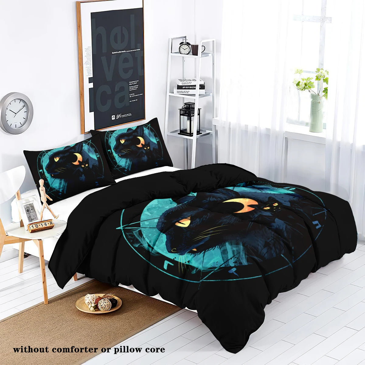 3 Piece down Set with Black Cat Moon Print Pattern (1 down Duvet Cover+2 Pillowcases, No Core), Comfortable Bedroom Bedding