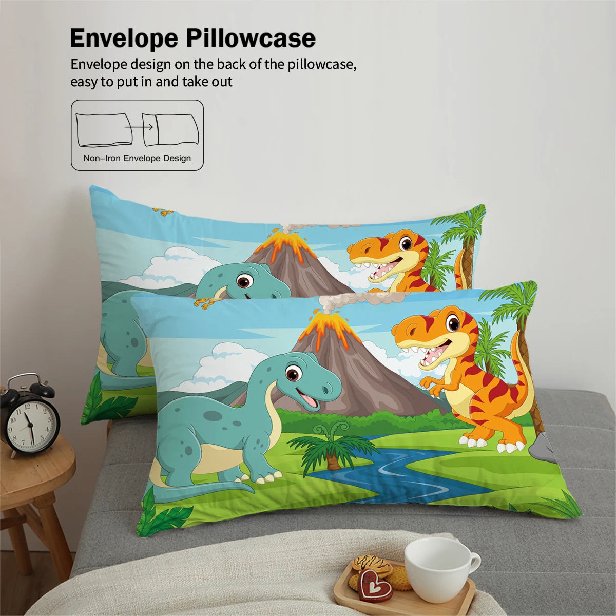 3-Piece down Set with Cartoon Dinosaur Print Pattern (1 down Duvet Cover+2 Pillowcases, No Core) Bedding