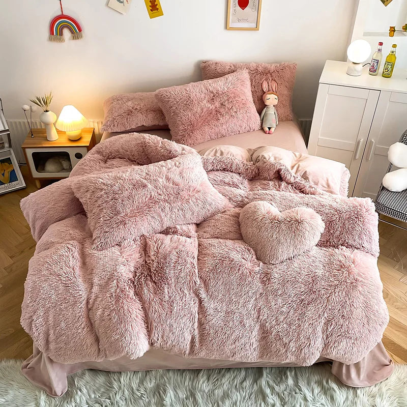 3Pcs Fluffy Black Plush Shaggy Duvet Cover +2Pcs Pillowcases Zipper Bedding Set Soft Velvet