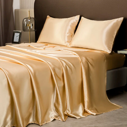 Solid Color Satin Sheet and Pillowcase Set，Luxurious Bedding Ensemble with a Silky Sheen，Twin/Full/Queen/King Size