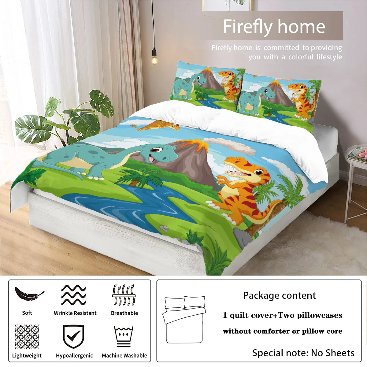 3-Piece down Set with Cartoon Dinosaur Print Pattern (1 down Duvet Cover+2 Pillowcases, No Core) Bedding