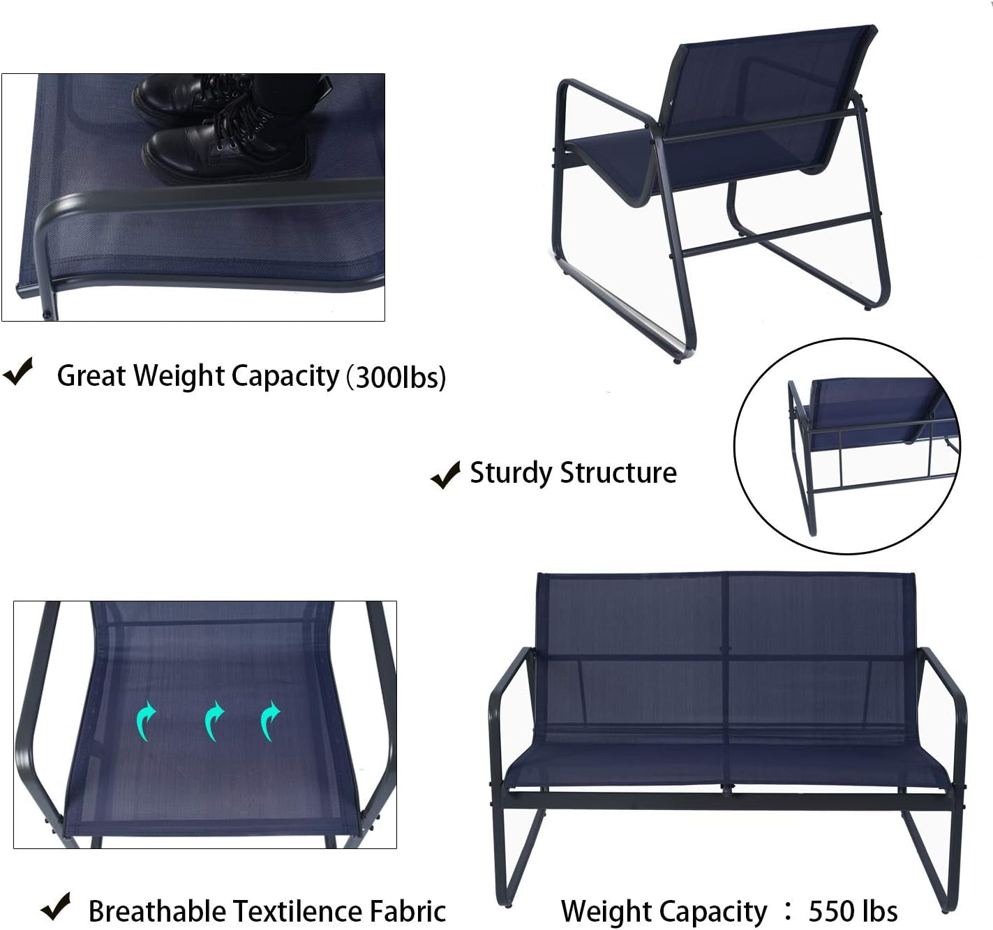 Sofia 4 Pieces Patio/Outdoor Conversation Set with Strong Powder Coated Metal Frame, Breathable Textilence, Includes One Love Seat, Two Chairs and One Table (Navy Blue)