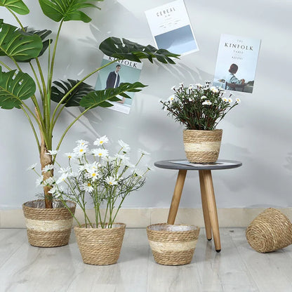 Straw Weaving Flower Plant Pot Basket Grass Planter Basket Indoor Outdoor Flower Pot Cover Plant Containers for Plantable Plants