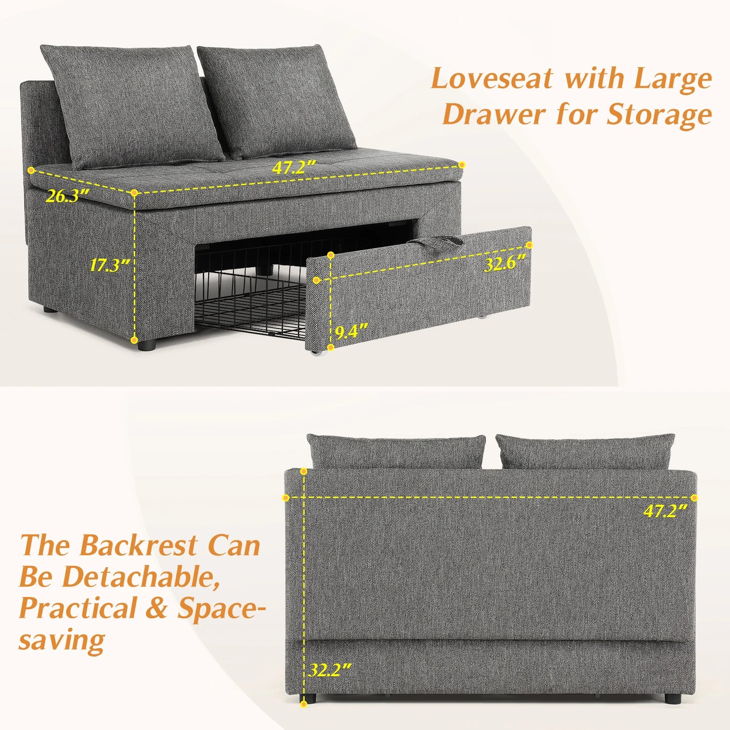 47.2"W Loveseat Sofa with Storage Drawer, 2 Seater Sofa for Living Room, Couch with 2 Pillows for Small Space