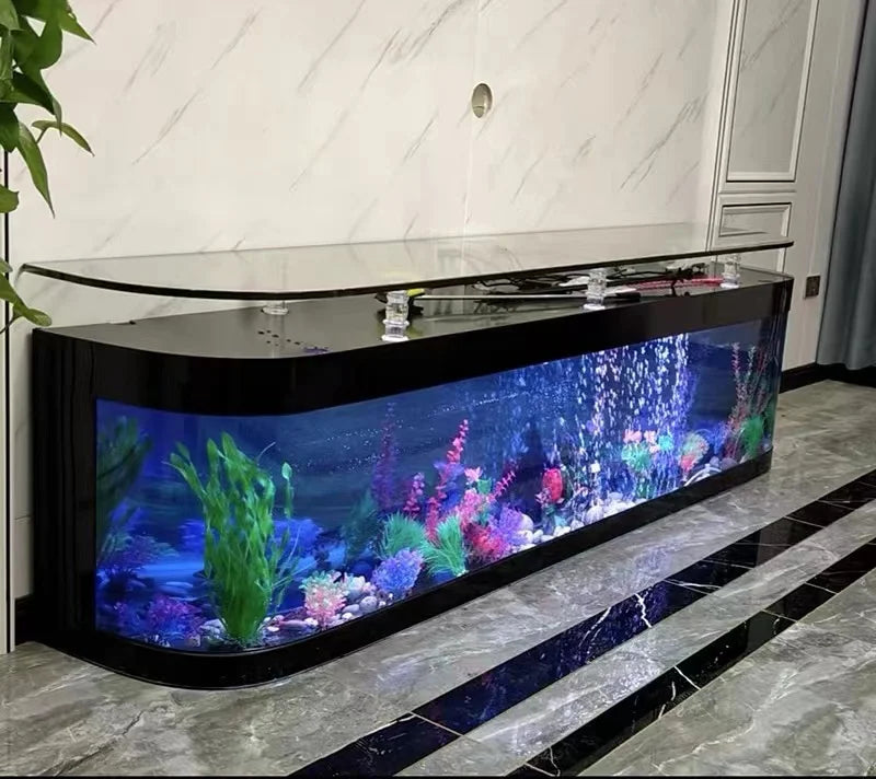 European Fish Tank Aquarium TV Cabinet Eco-Water-Free Floor-Standing Glass Bar Home Living Room Coffee Table against the Wall.