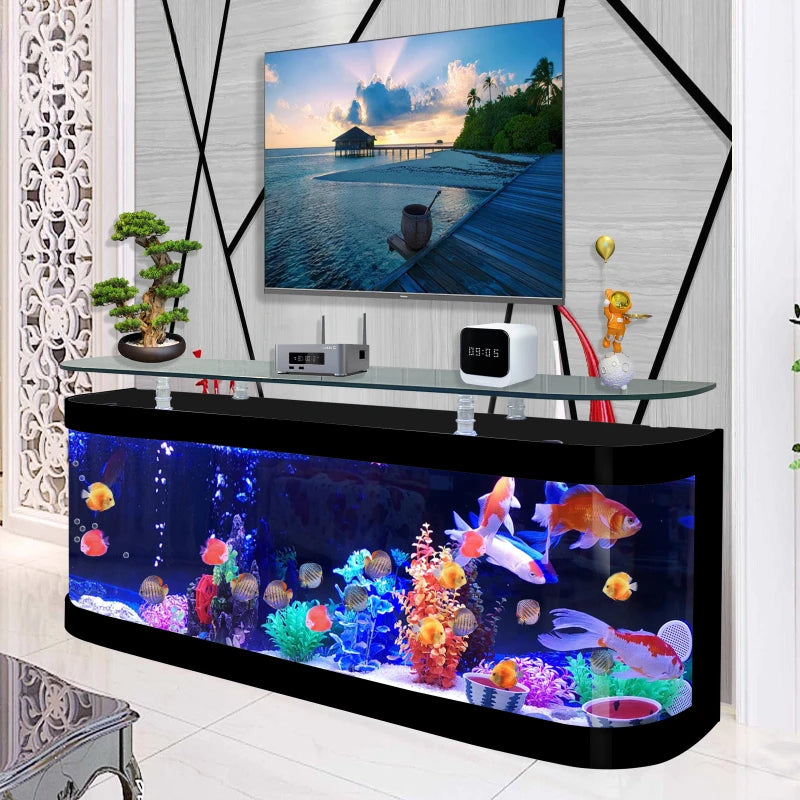 European Fish Tank Aquarium TV Cabinet Eco-Water-Free Floor-Standing Glass Bar Home Living Room Coffee Table against the Wall.